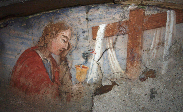 Il Pilone di Caraver a Torre Canavese del pittore di Nomaglio Pietro Peller, raffigurante il Santo Graal